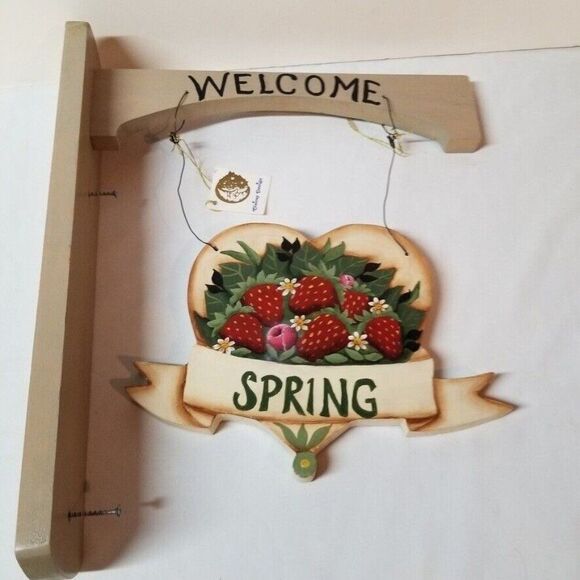 Welcome Spring Wood Wall Hanger Sign Heart Strawberries Country - Picture 4 of 6